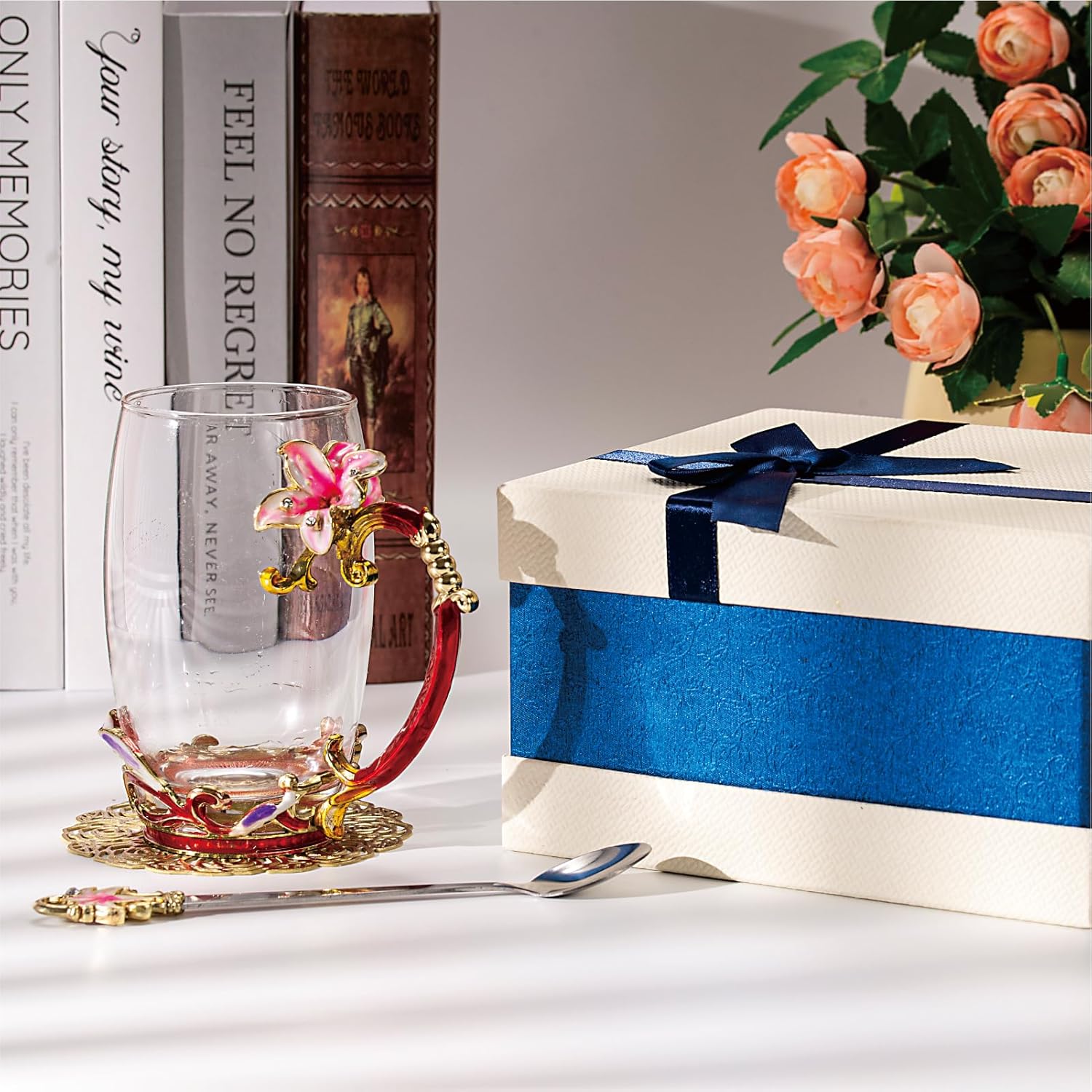 Flower Tea Cup, Lily Flower Clear Glass Fancy Coffee Mug with Spoon,Gift Box for Her Mom Wife Grandma Girls Friends Valentines Christmas Birthday Present Idea for Juice,Hot And Cold Drinks Use